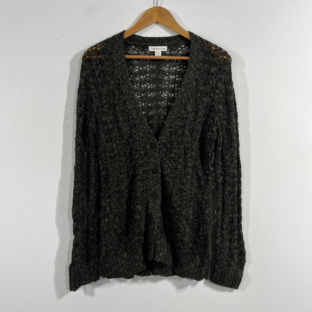 Coldwater Creek Fairy Grunge Boho Olive Green Crochet Open Knit Cardigan Medium
